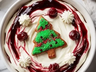 Festive Christmas Tree Cake Dip with festive decorations for holiday parties