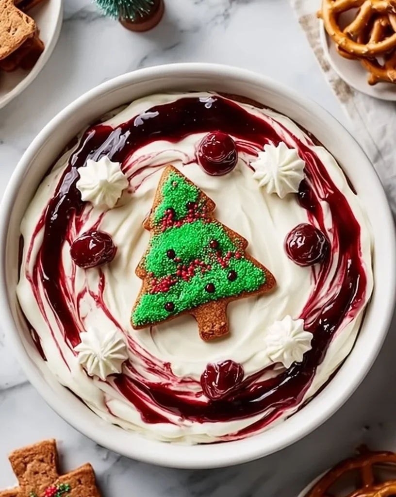 Festive Christmas Tree Cake Dip with festive decorations for holiday parties