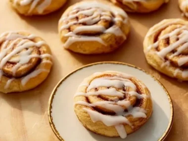 Freshly baked cinnamon roll cookies with a swirl of cinnamon and icing