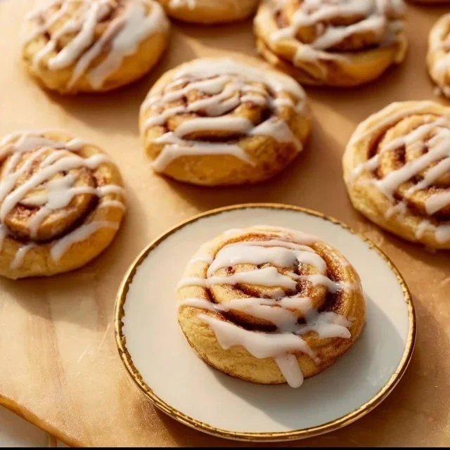 Freshly baked cinnamon roll cookies with a swirl of cinnamon and icing