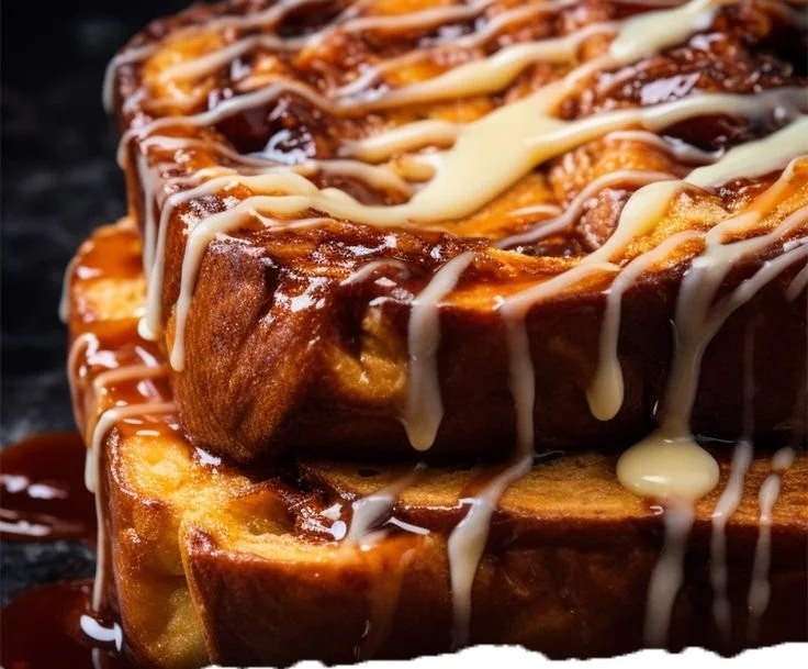 Freshly baked Cinnamon Swirl Bread with custard bath and glaze