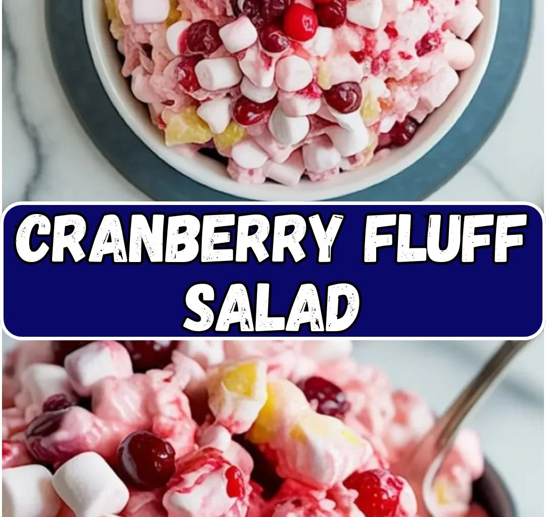 Bowl of delicious Cranberry Fluff Salad with whipped cream and cranberries