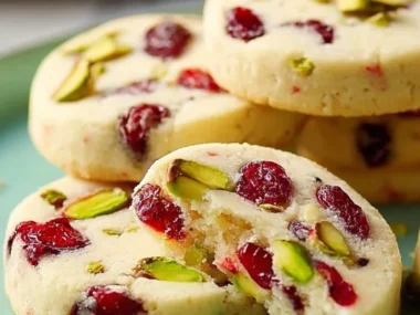 Cranberry Pistachio Shortbread Cookies on a baking tray, beautifully arranged.