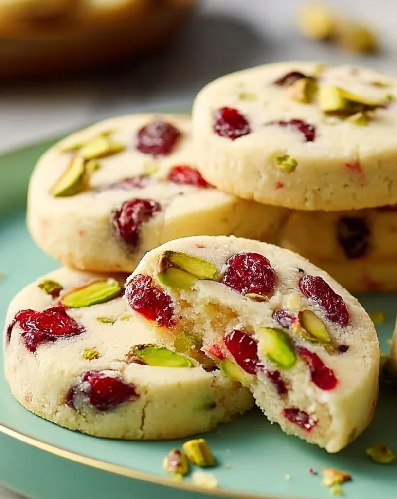 Cranberry Pistachio Shortbread Cookies on a baking tray, beautifully arranged.