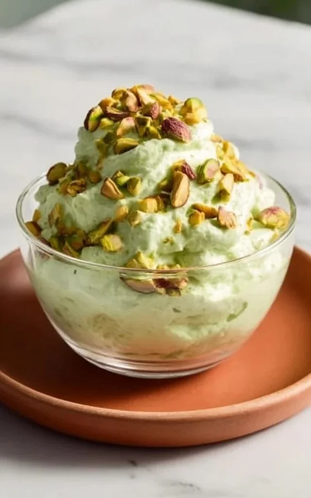A bowl of creamy pistachio fluff dessert garnished with nuts and whipped cream