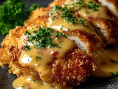 Crispy sesame chicken dish with sesame seeds garnished on top.