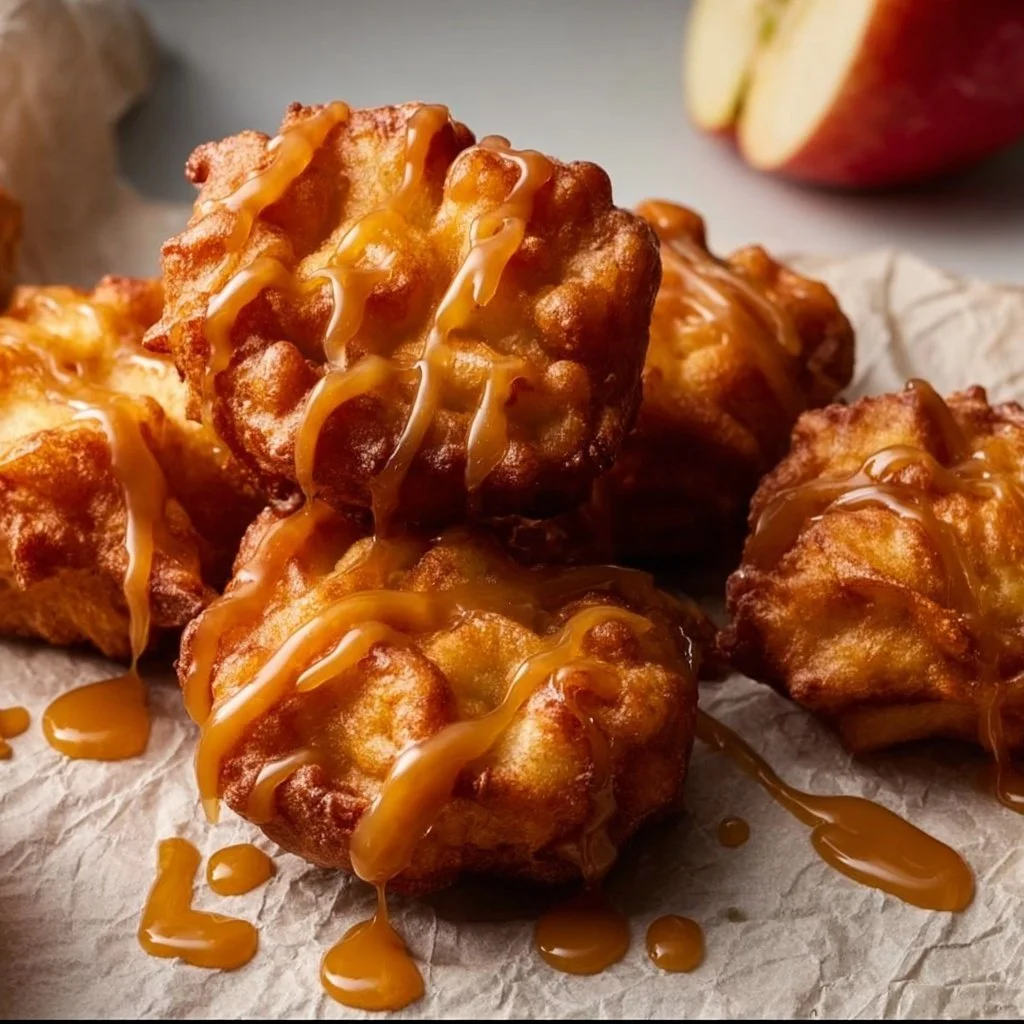Freshly made apple fritters on a plate garnished with powdered sugar.