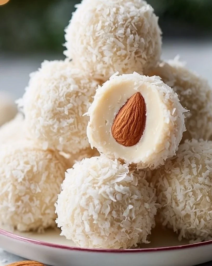 Easy coconut almond truffles topped with coconut flakes and almonds