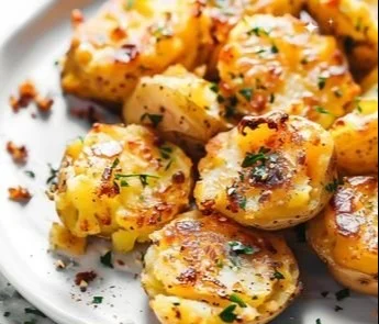 Delicious crispy garlic smashed potatoes served with herbs