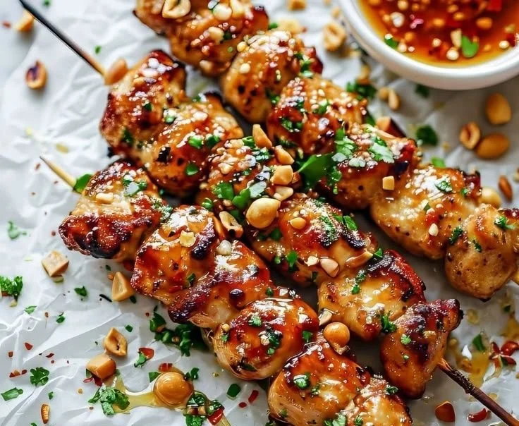 Easy grilled chicken skewers served with honey garlic sauce.