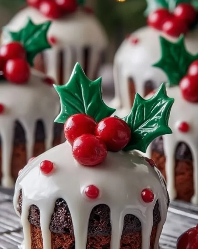 Delicious Christmas pudding cupcakes with vanilla glaze for festive occasions.