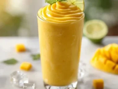 Delicious frozen mango smoothie in a glass garnished with mint leaves.