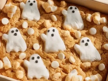 A spooky Ghost Cookie Cake decorated with ghost faces for Halloween.