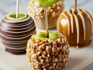 Gourmet caramel apples drizzled with chocolate and topped with nuts
