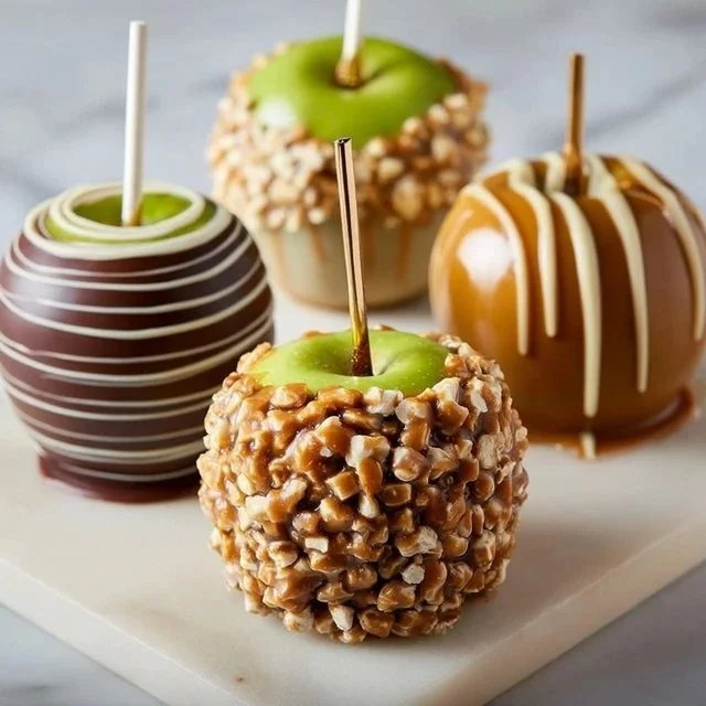Gourmet caramel apples drizzled with chocolate and topped with nuts