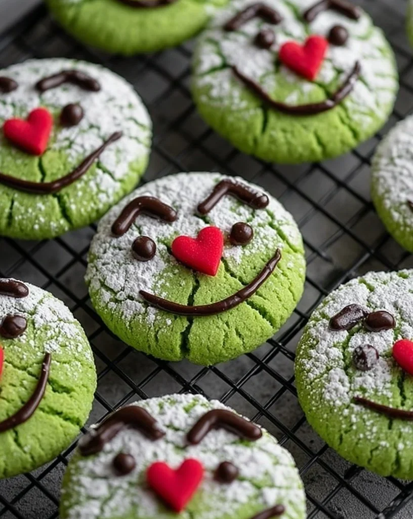 Plate of freshly baked Grinch Crinkle Cookies with powdered sugar dusting