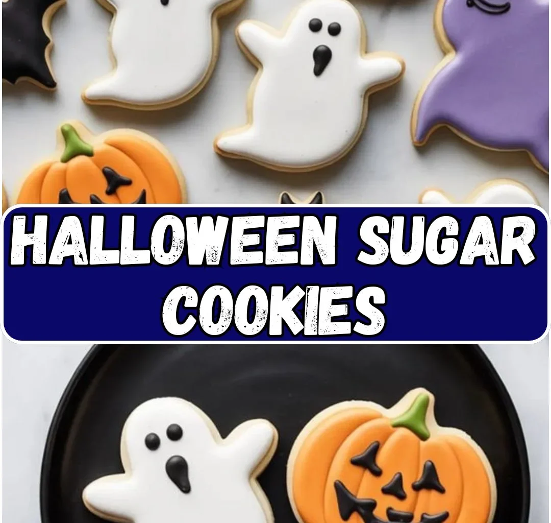 Decorative Halloween sugar cookies shaped like ghosts, pumpkins and bats.