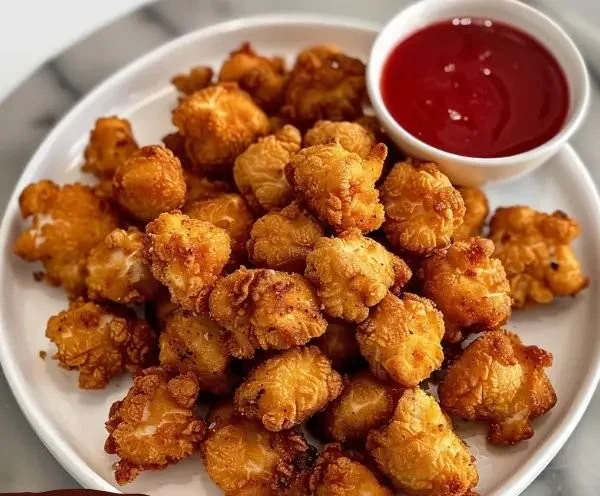 Crispy homemade popcorn chicken served with dipping sauce