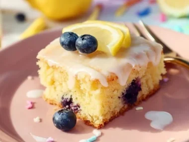 Lemon blueberry sheet cake topped with fresh blueberries and lemon zest
