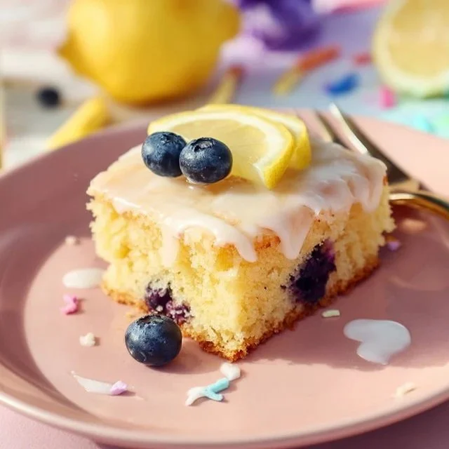 Lemon blueberry sheet cake topped with fresh blueberries and lemon zest