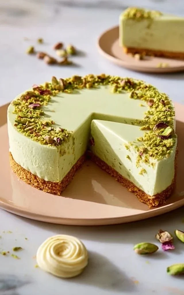 No-bake pistachio cheesecake slice with whipped cream and pistachio garnish