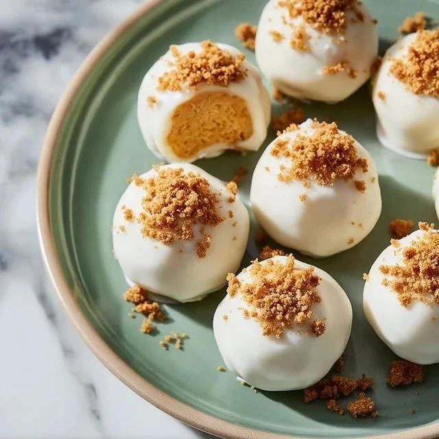 No bake pumpkin cheesecake balls on a decorative plate