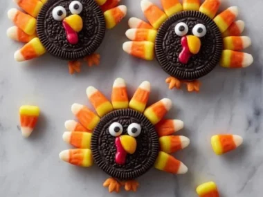 No-bake Thanksgiving Oreo turkeys decorated with colorful candy and chocolate.