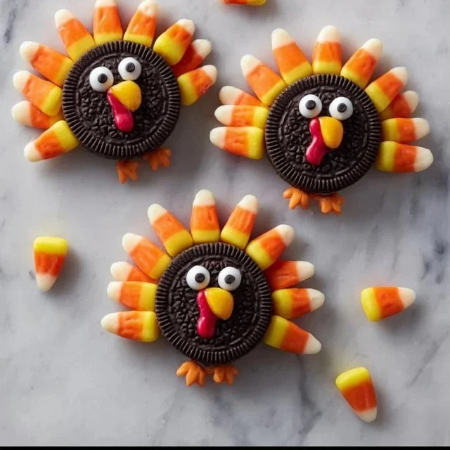 No-bake Thanksgiving Oreo turkeys decorated with colorful candy and chocolate.