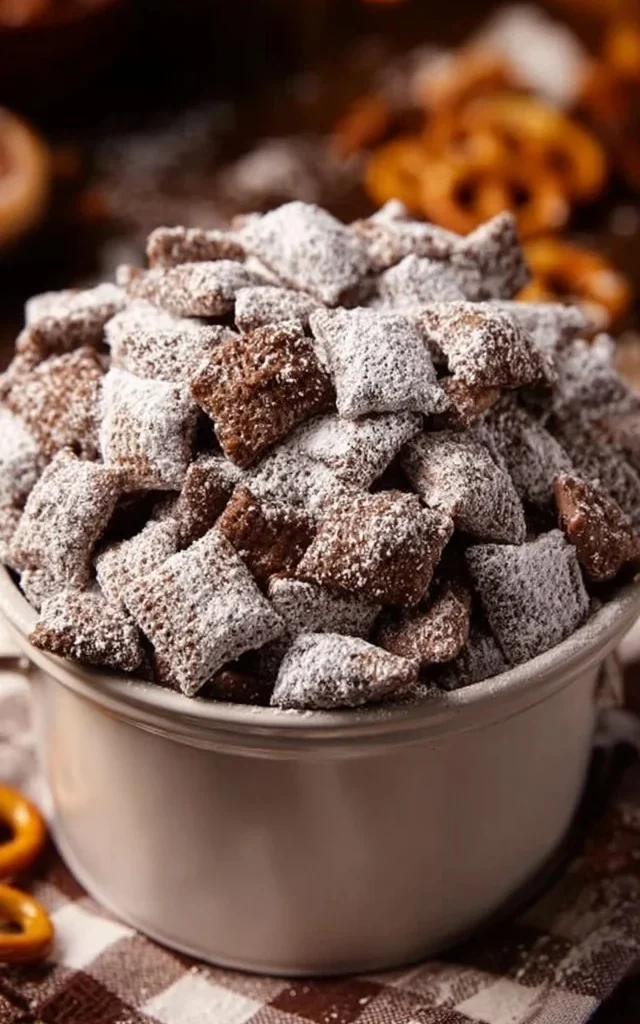 Nutella Puppy Chow Snack Mix in a bowl, topped with chocolate and powdered sugar