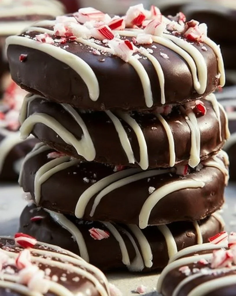 Freshly baked peppermint bark cookies with chocolate and crushed peppermint on top