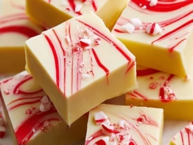 Delicious peppermint Christmas fudge squares decorated with peppermint candy canes