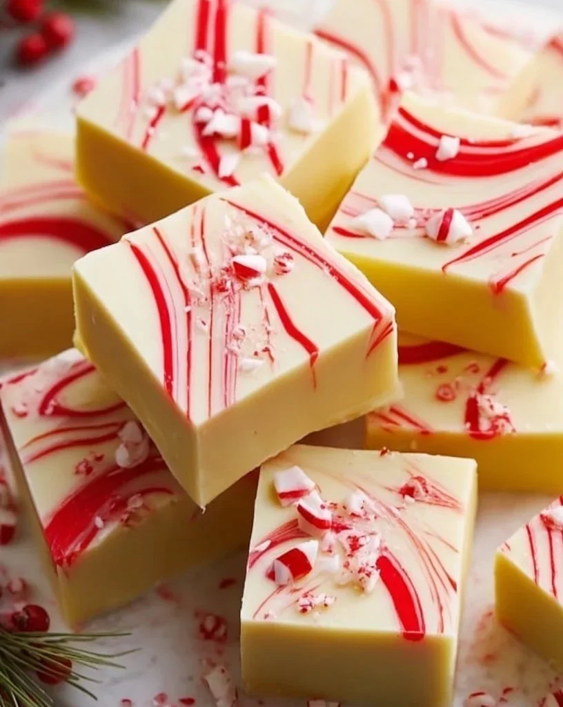 Delicious peppermint Christmas fudge squares decorated with peppermint candy canes