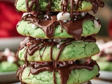 Peppermint Hot Chocolate Cookies with festive decorations and chocolate drizzle