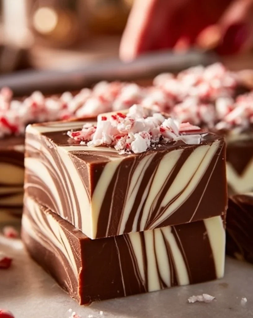 Delicious homemade peppermint swirl fudge with festive colors and textures