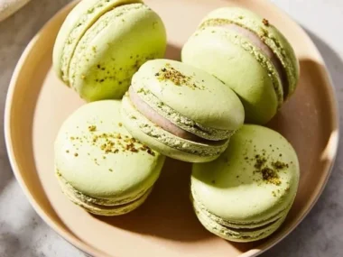 Pistachio macarons on a decorative plate, showcasing their vibrant color and texture.