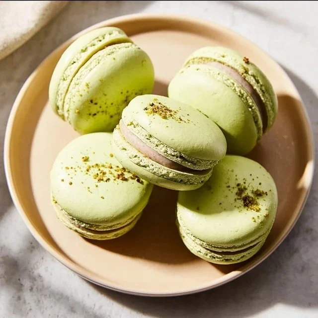 Pistachio macarons on a decorative plate, showcasing their vibrant color and texture.