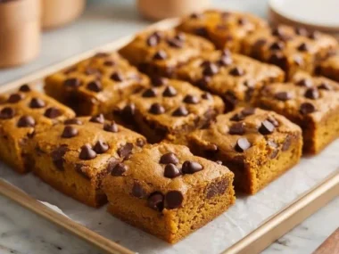 Delicious Pumpkin Chocolate Chip Bars with chocolate chips and pumpkin spice.