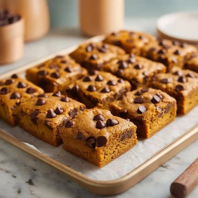 Delicious Pumpkin Chocolate Chip Bars with chocolate chips and pumpkin spice.