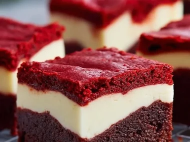 Delicious red velvet cheesecake brownies topped with cream cheese frosting