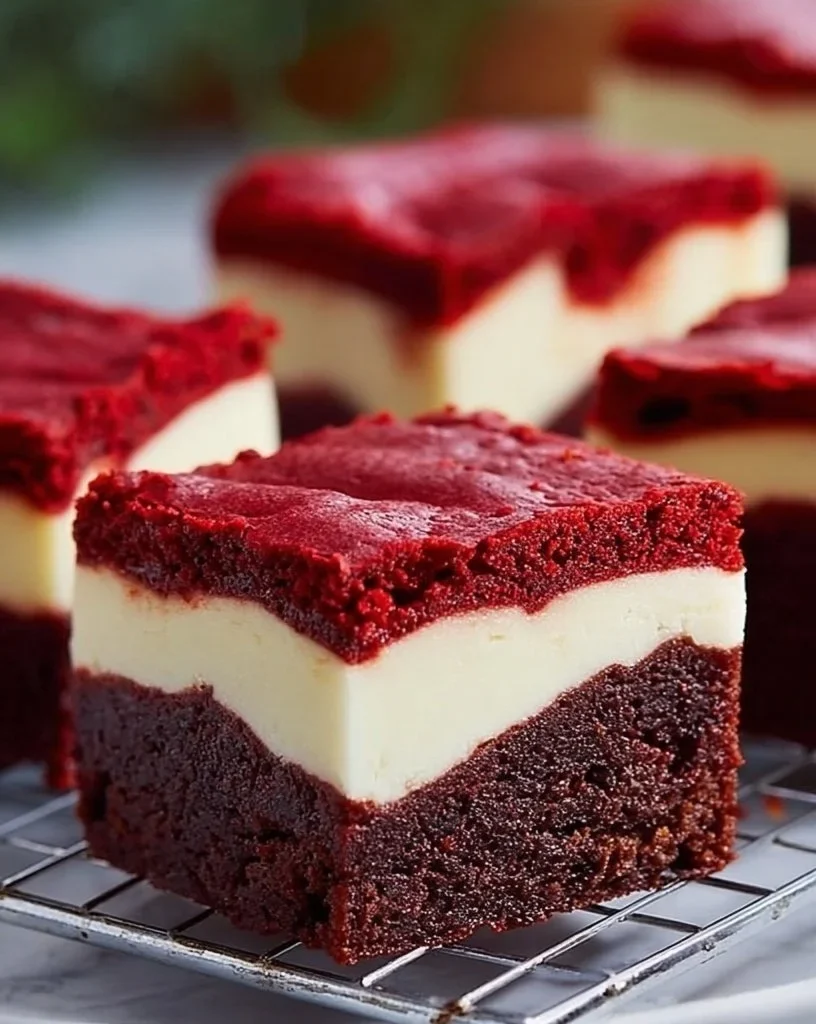 Delicious red velvet cheesecake brownies topped with cream cheese frosting