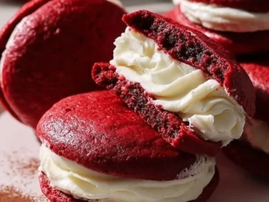 Delicious red velvet whoopie pies with cream cheese filling on a white plate.