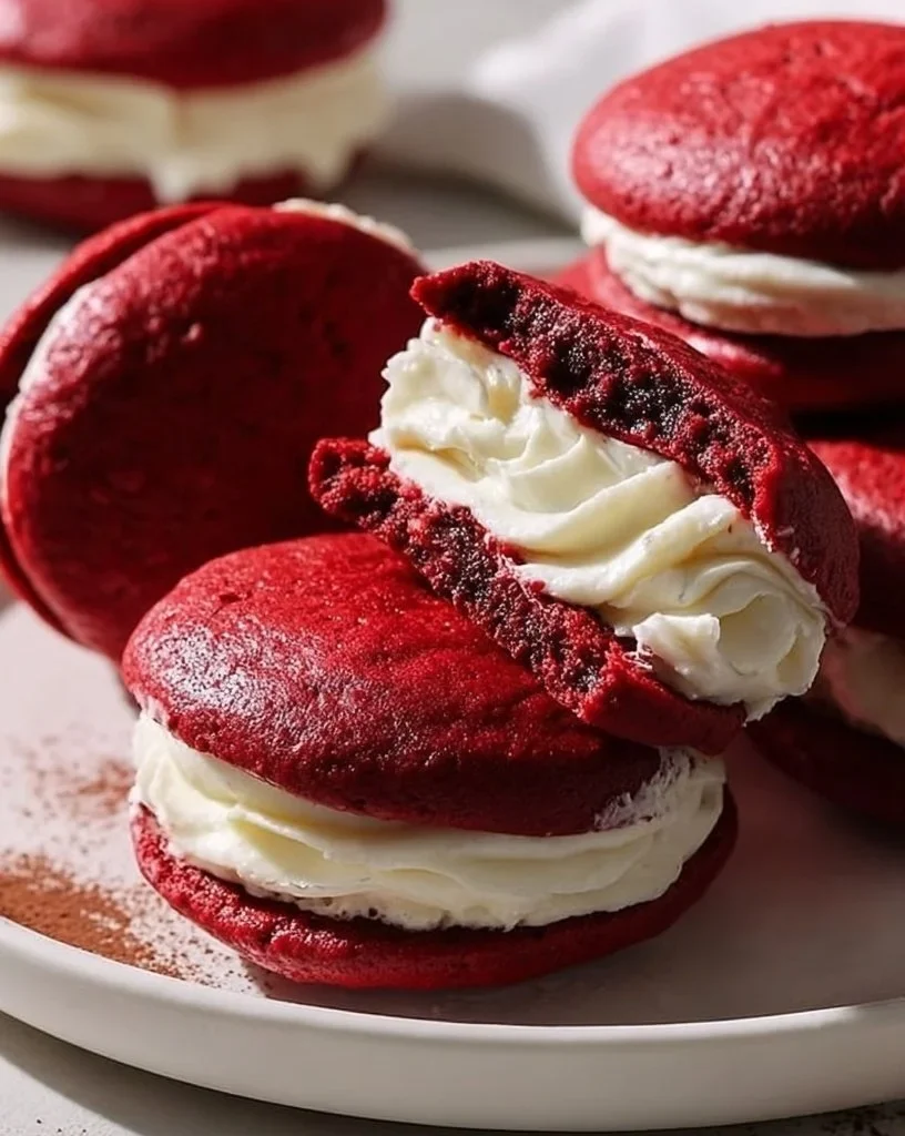 Delicious red velvet whoopie pies with cream cheese filling on a white plate.