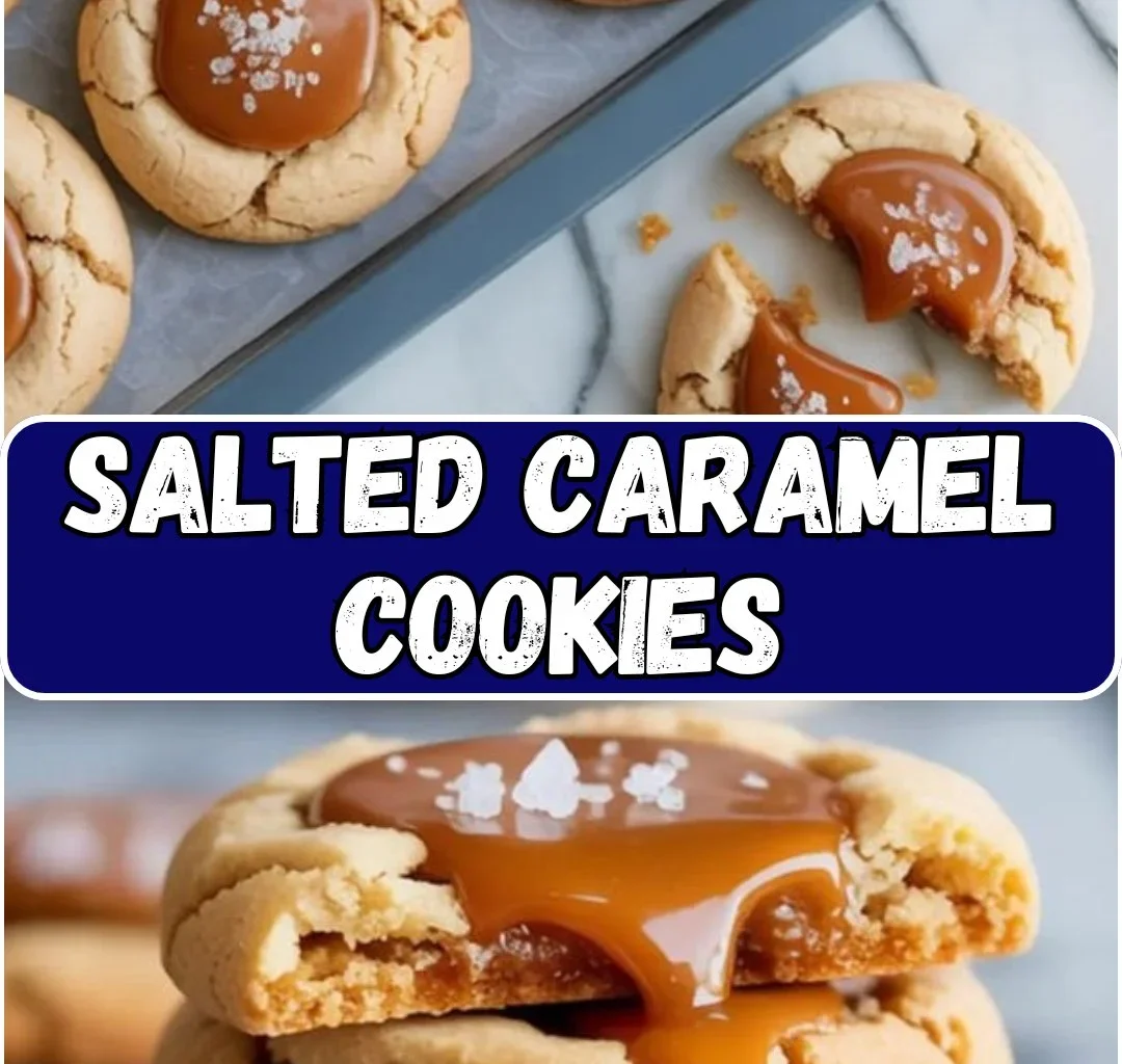 Freshly baked salted caramel cookies with a sprinkle of sea salt on top.