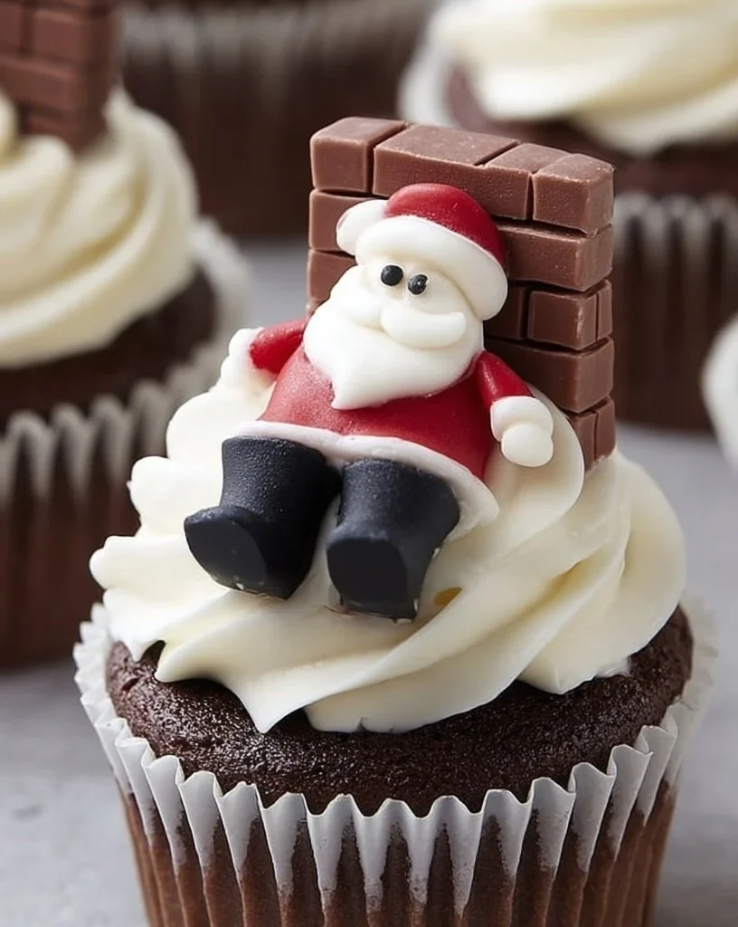 Decorative chimney cupcakes featuring Santa stuck in the chimney.