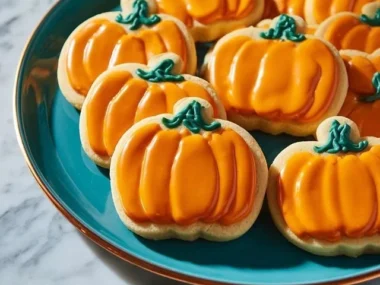 Soft and spiced pumpkin sugar cookies decorated for fall