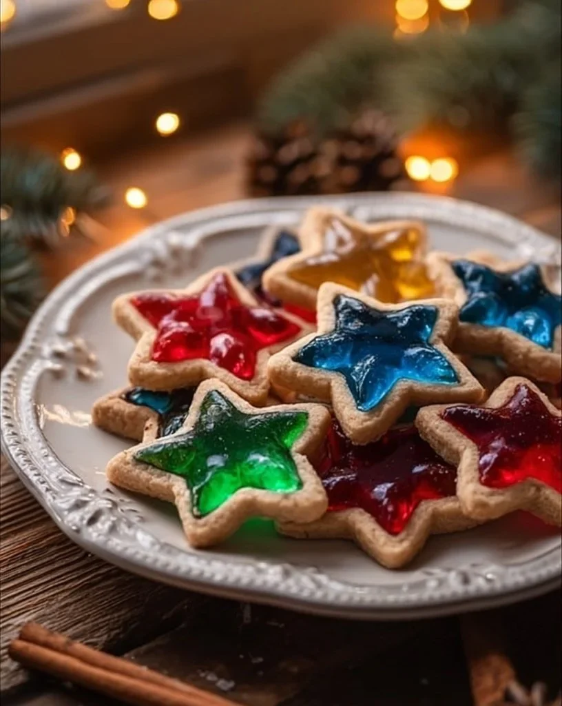 Beautiful stained glass cookies with vibrant colors and a decorative presentation.