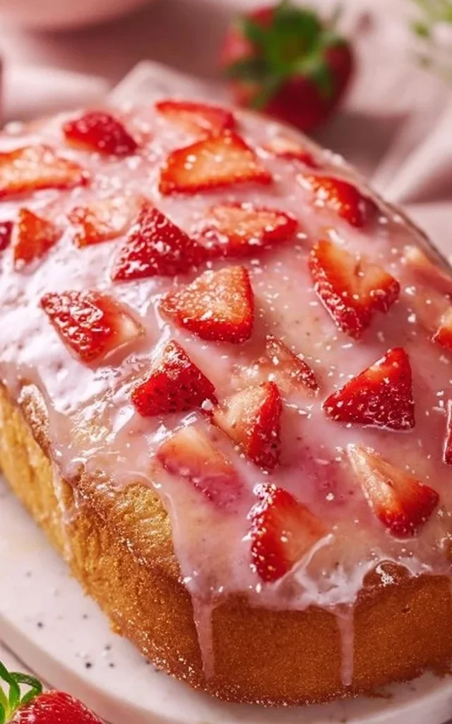 Delicious slice of strawberry cake pound delight with fresh strawberries on top