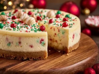 Delicious sugar cookie cheesecake topped with colorful sprinkles on a dessert plate.