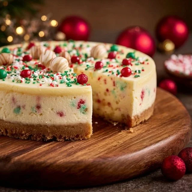 Delicious sugar cookie cheesecake topped with colorful sprinkles on a dessert plate.