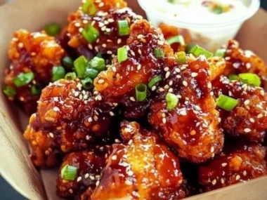 Plate of Sweet & Spicy Korean Fried Chicken garnished with sesame seeds.